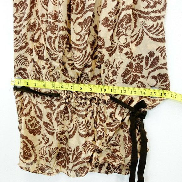 UNITED COLORS OF BENETTON Women Cream Brown Tunic Top SMALL Floral Flared Sleeve - Picture 6 of 9